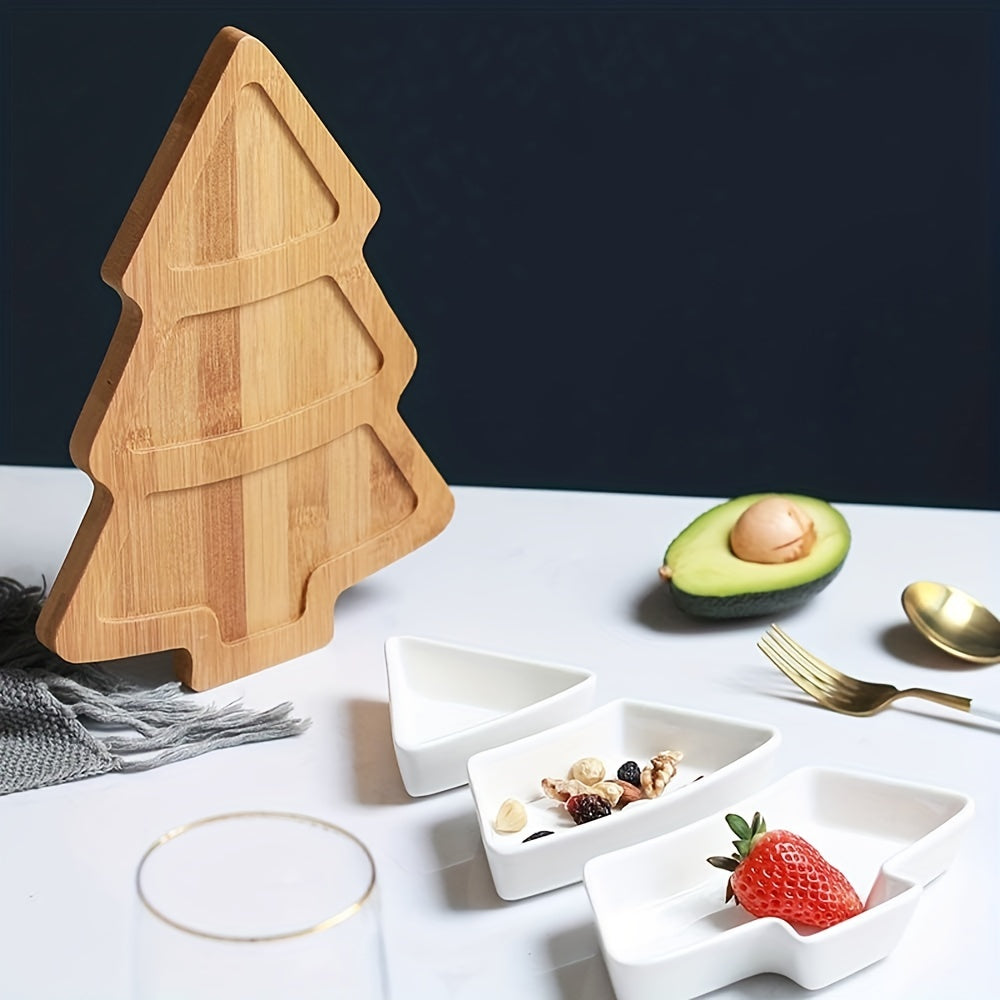 Bamboo Christmas board with ceramic plates for appetizers