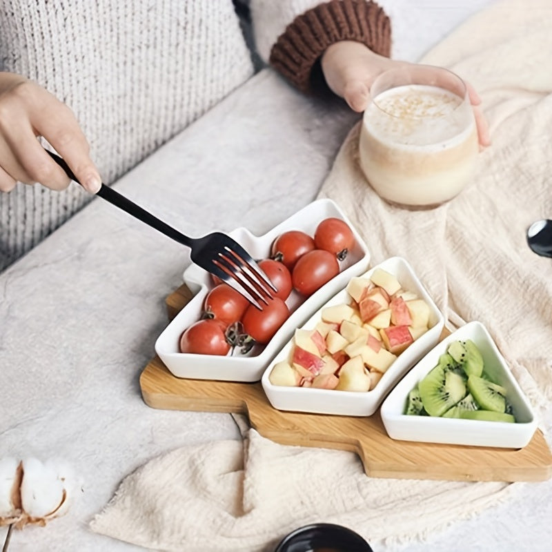 Bamboo Christmas board with ceramic plates for appetizers