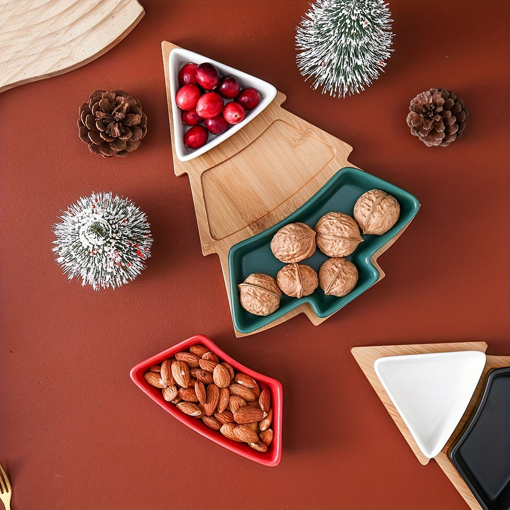 Bamboo Christmas board with ceramic plates for appetizers