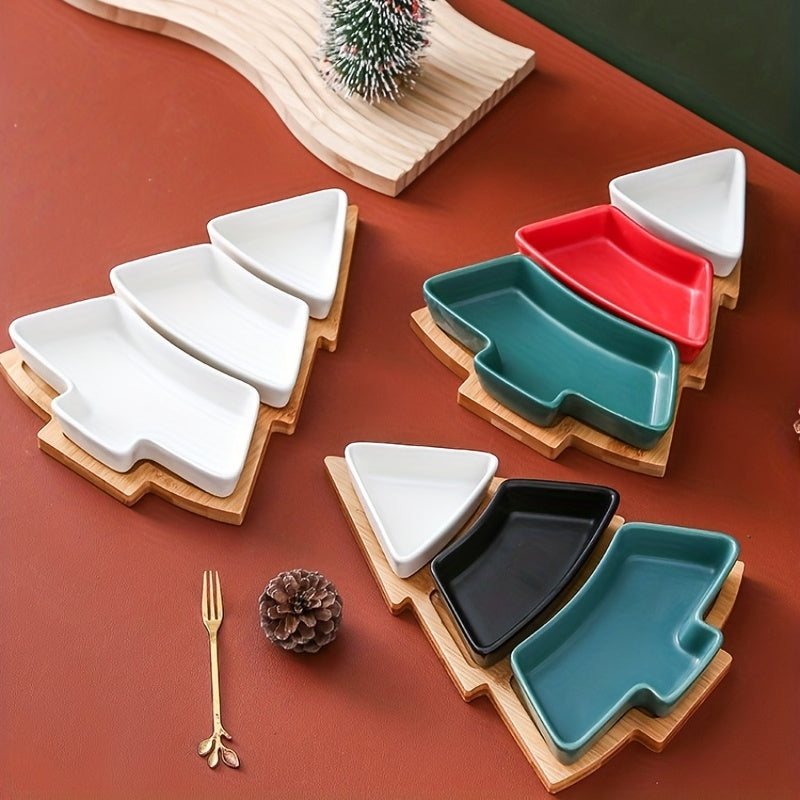 Bamboo Christmas board with ceramic plates for appetizers