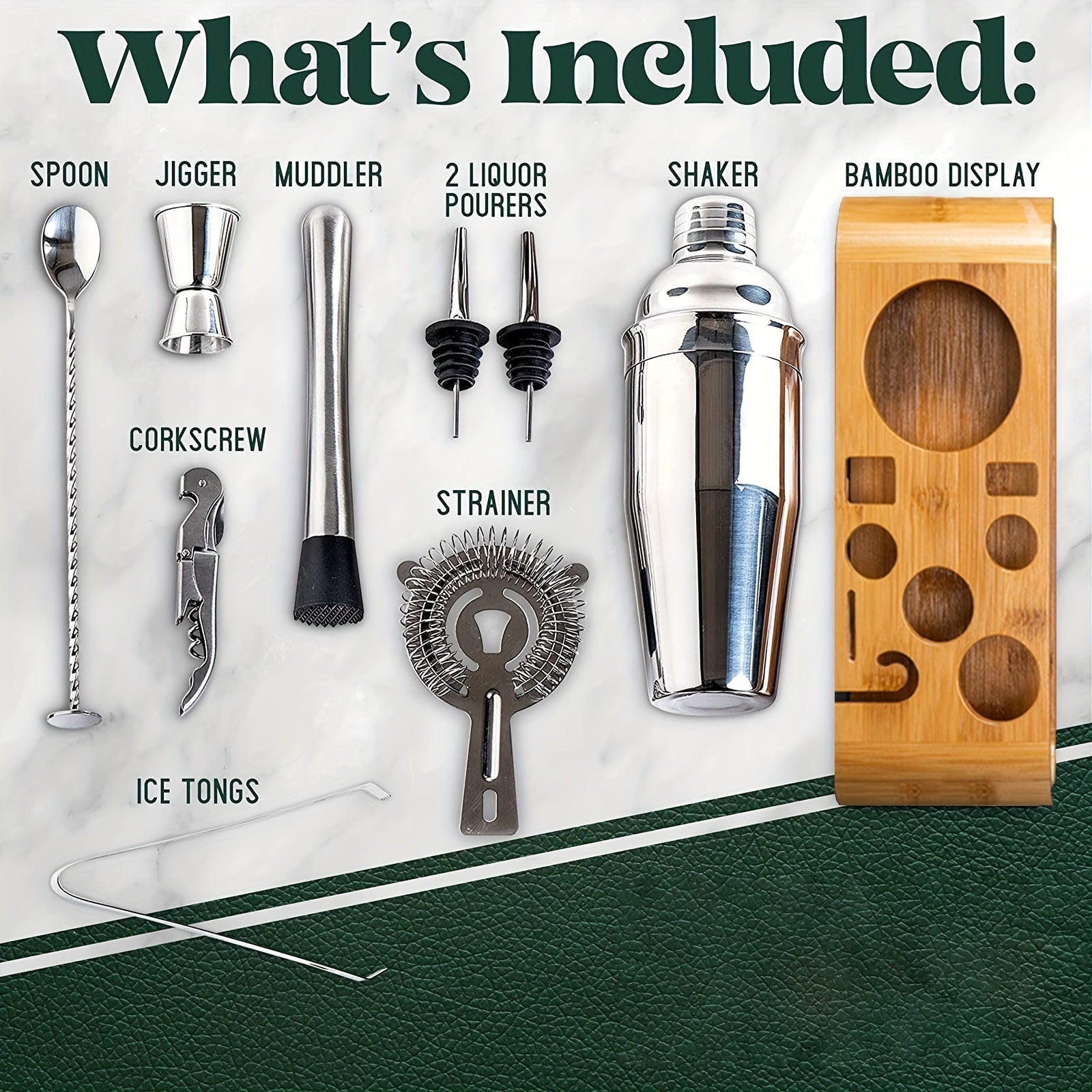 10-Piece Cocktail Set with Bamboo Stand 