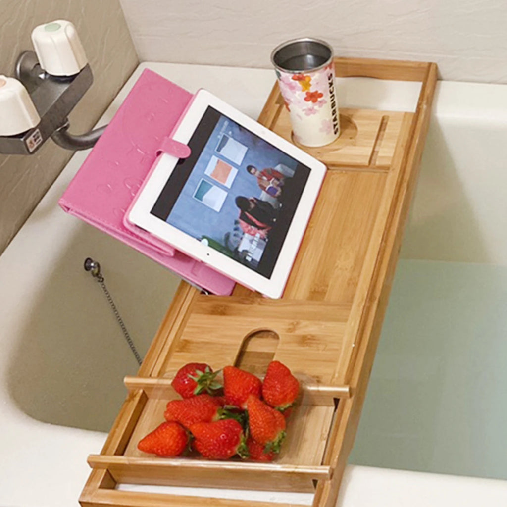 Bamboo Bathtub Tray Caddy – Adjustable Bath Shelf with Towel Holder for Relaxing Bath