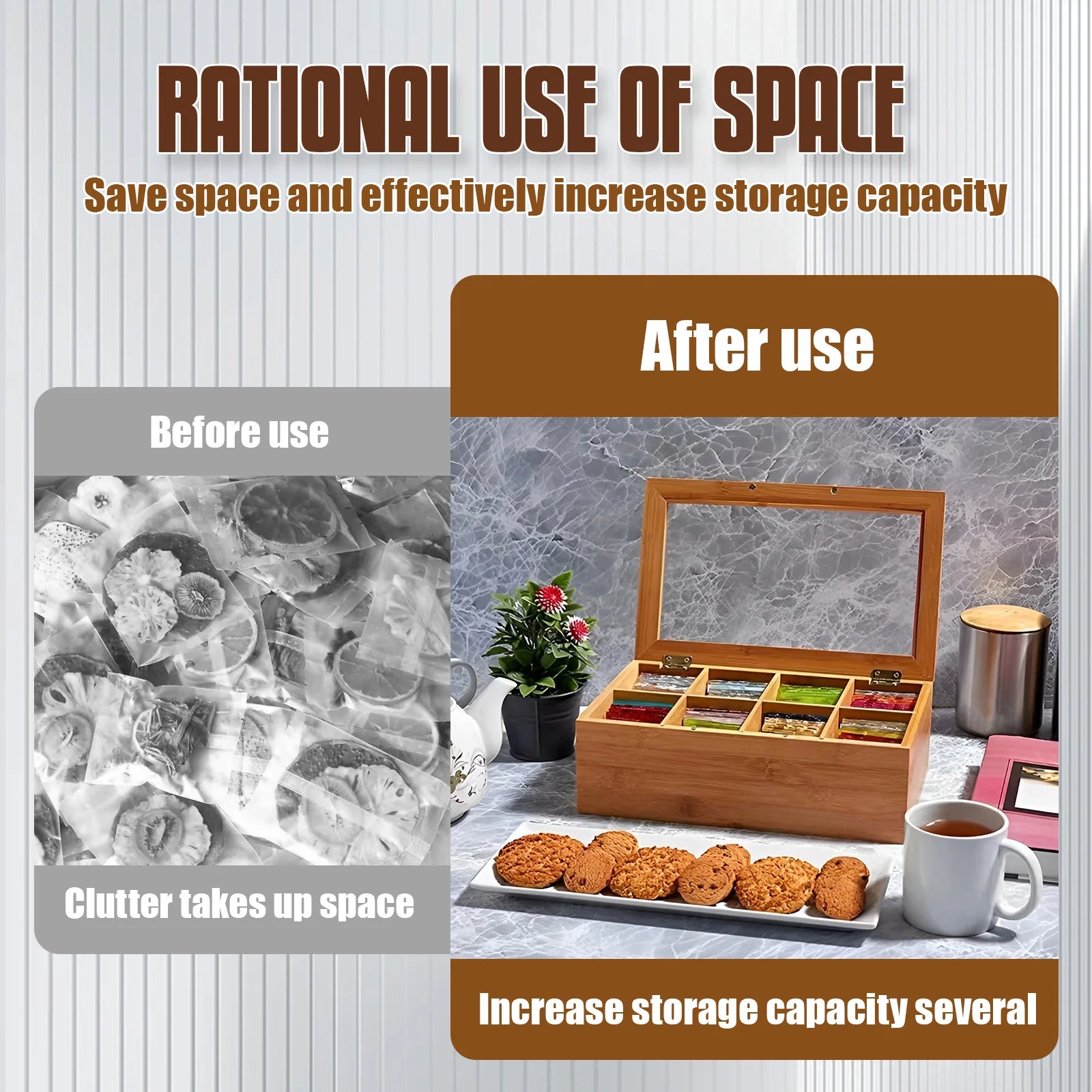 Bamboo Tea Bag Organizer with Acrylic Lid – Multi-Compartment Tea Storage Box