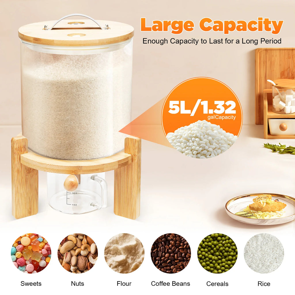 5L Glass Cereal Dispenser with Bamboo Lid – Airtight Food Storage Container for Rice, Coffee & Dry Foods