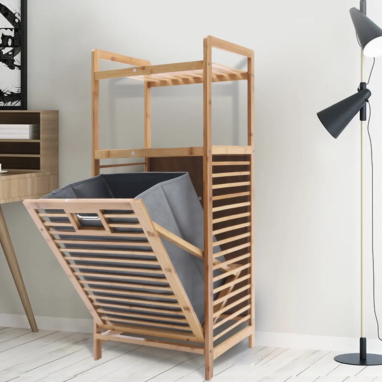 Tilt-Out Bamboo Laundry Cabinet – Space-Saving Laundry Hamper Cabinet for Bathroom & Laundry Room