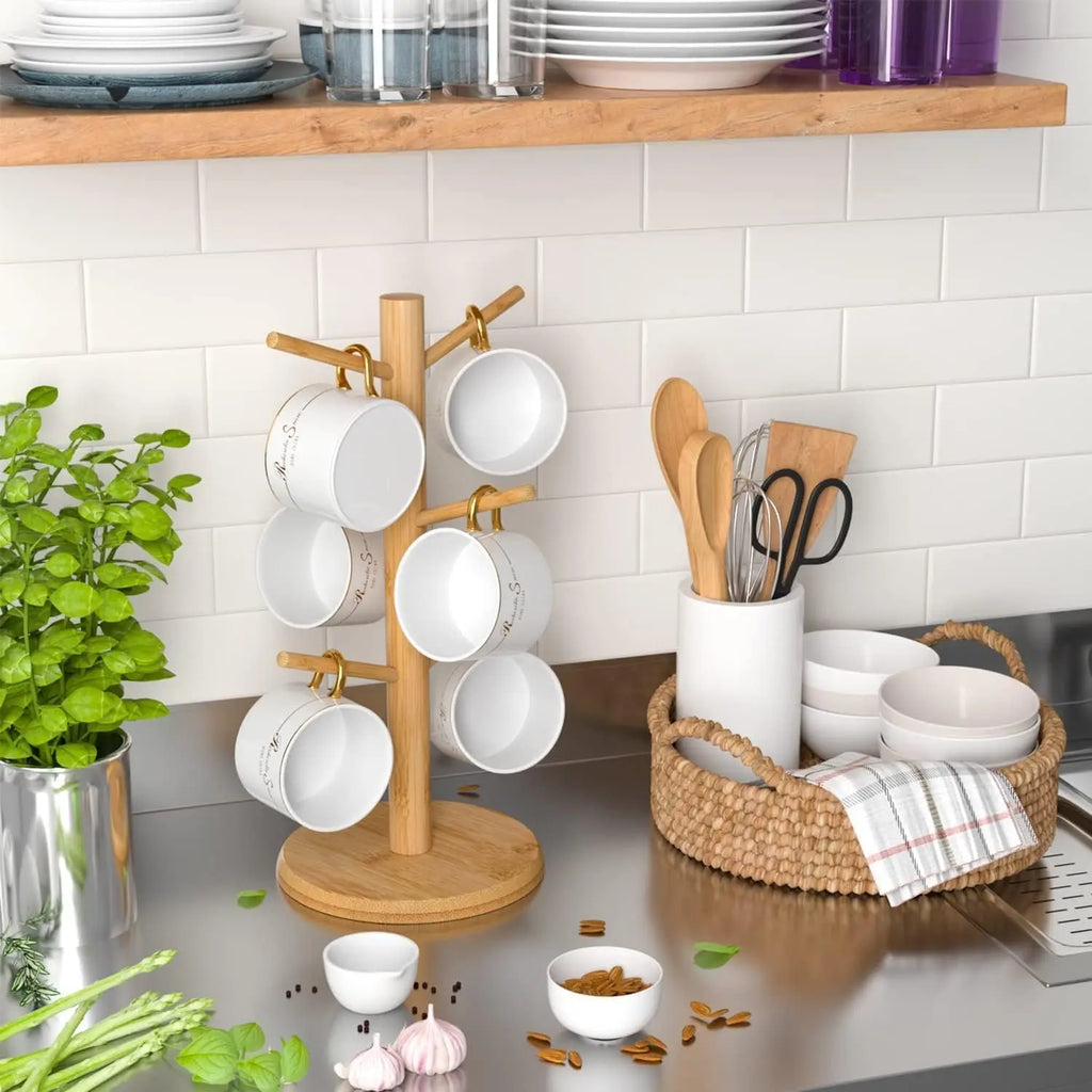 Bamboo Coffee Mug Holder – 6-Hook Countertop Cup Stand