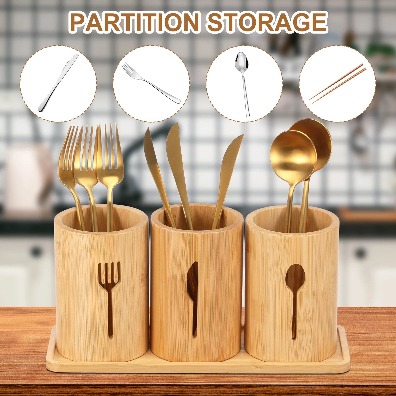 3-Piece Bamboo Utensil Holder Set with Tray – Cutlery & Kitchen Storage Organizer
