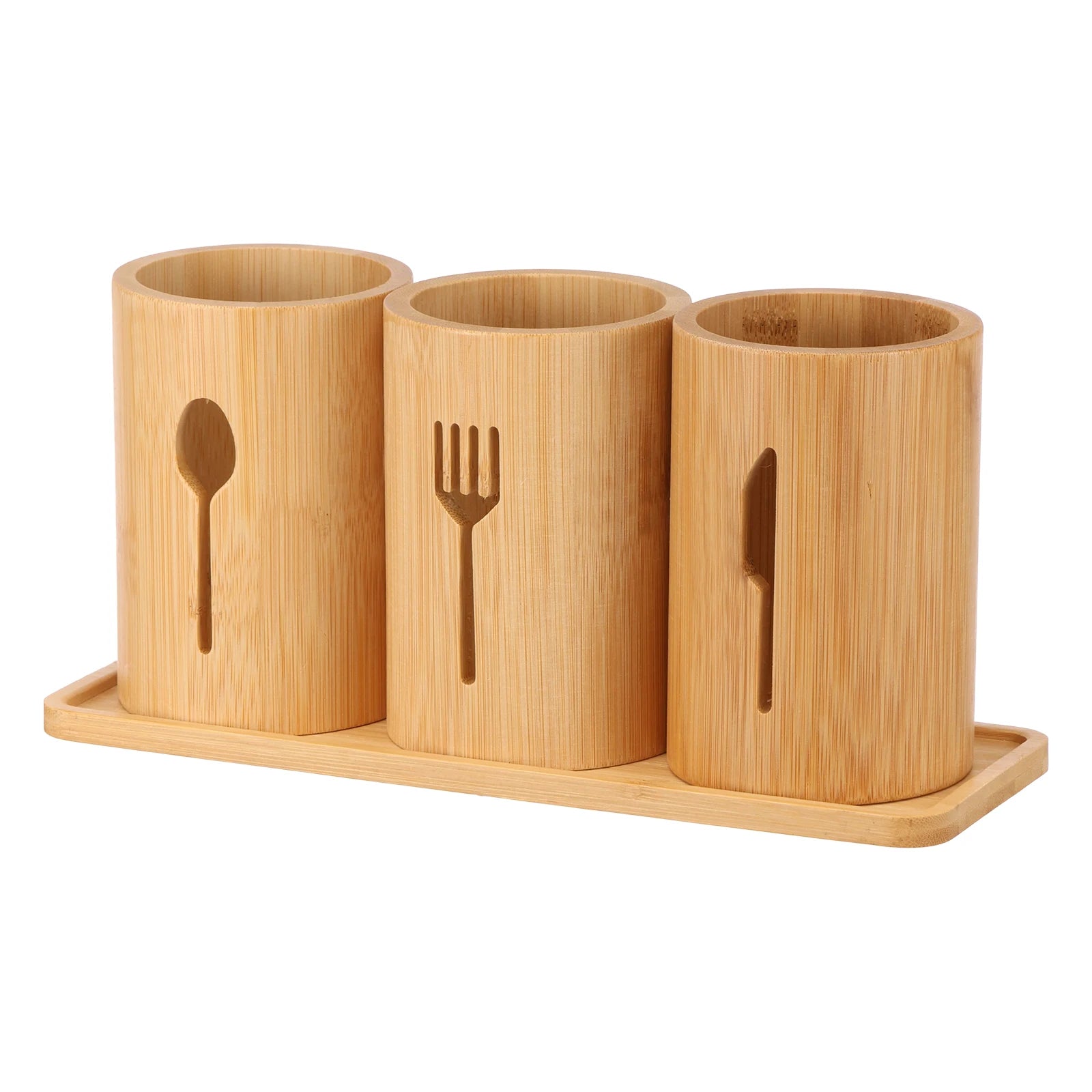 3-Piece Bamboo Utensil Holder Set with Tray – Cutlery & Kitchen Storage Organizer
