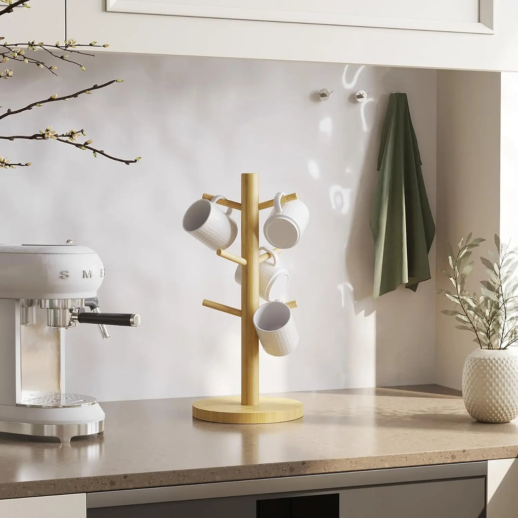Bamboo Coffee Mug Holder – 6-Hook Countertop Cup Stand
