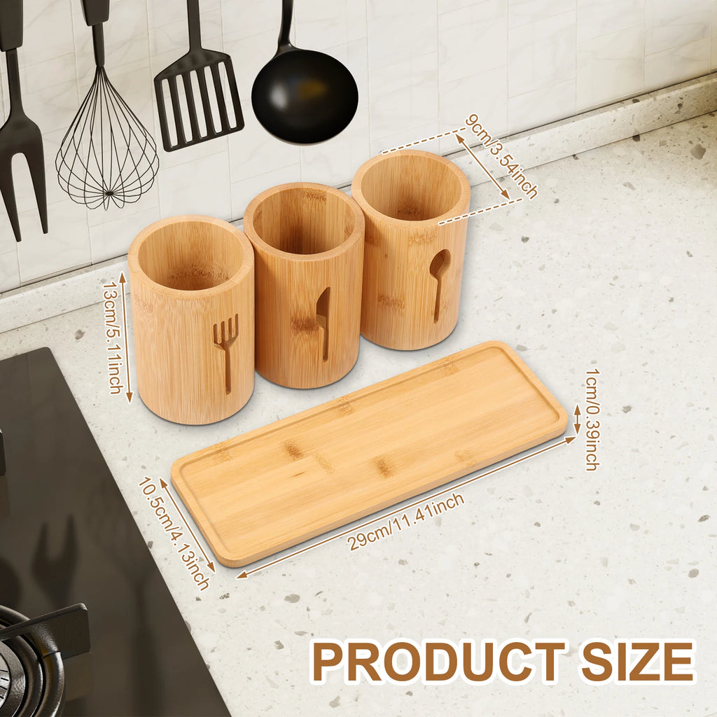 3-Piece Bamboo Utensil Holder Set with Tray – Cutlery & Kitchen Storage Organizer