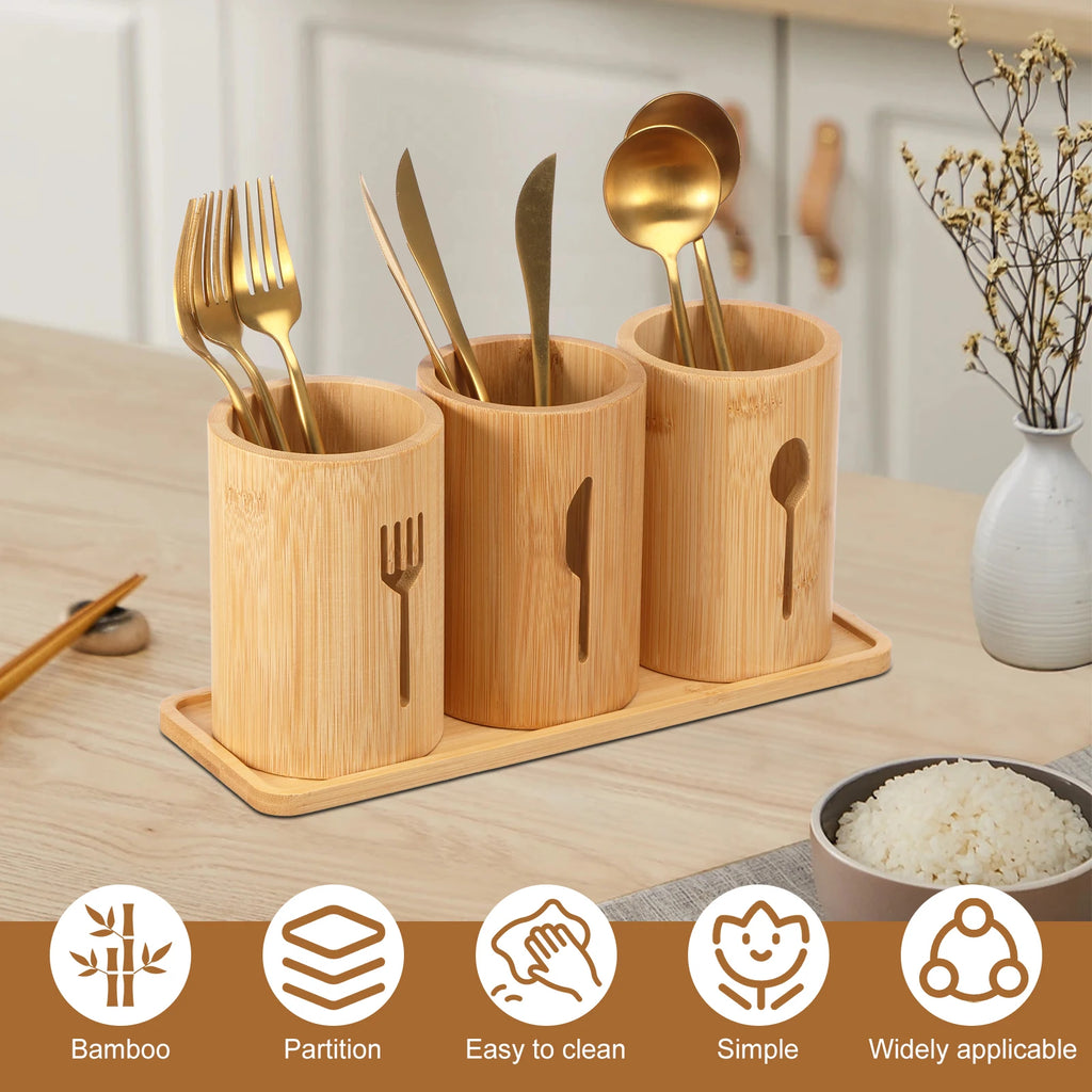 3-Piece Bamboo Utensil Holder Set with Tray – Cutlery & Kitchen Storage Organizer
