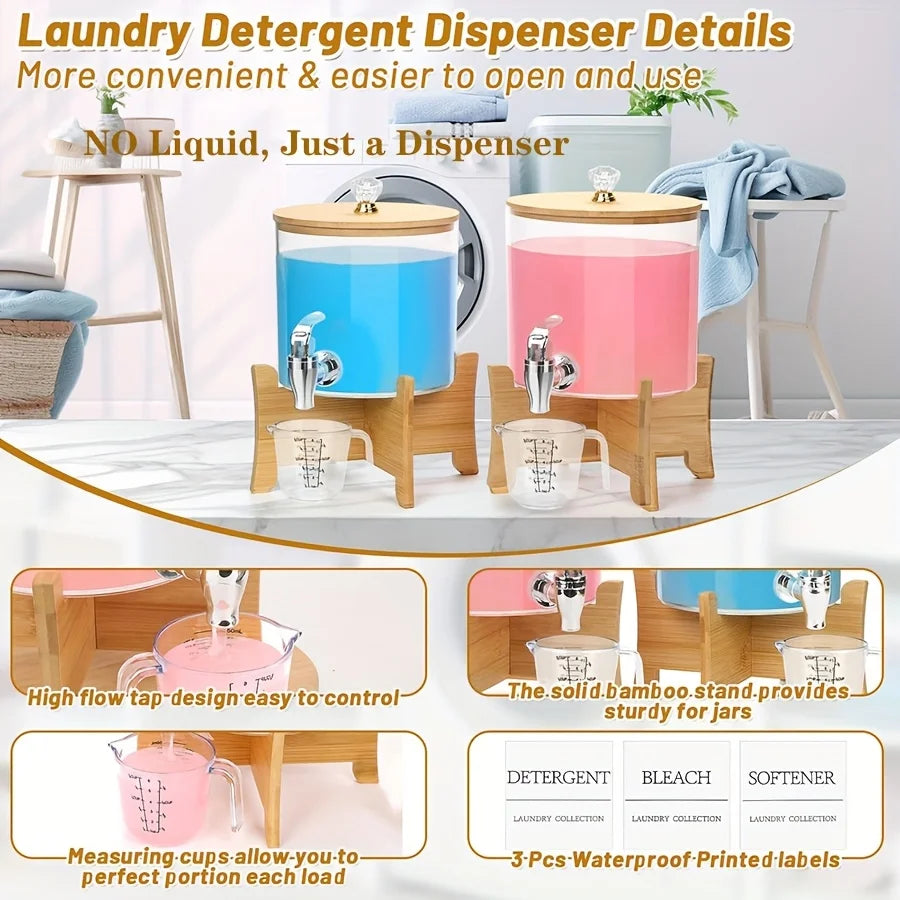 Laundry Detergent Dispenser with Stand – Bamboo Soap Container with Faucet for Laundry Room Organization