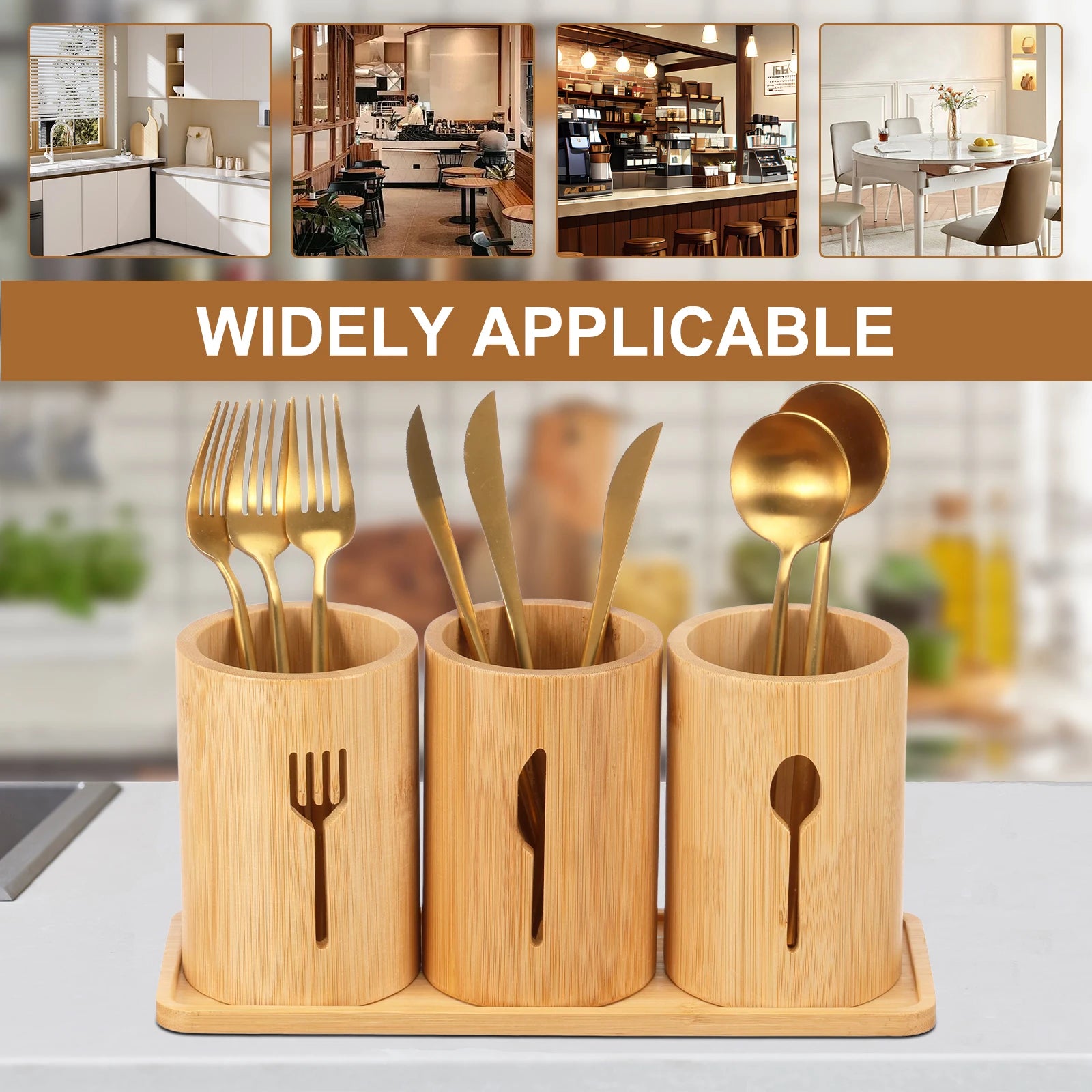 3-Piece Bamboo Utensil Holder Set with Tray – Cutlery & Kitchen Storage Organizer