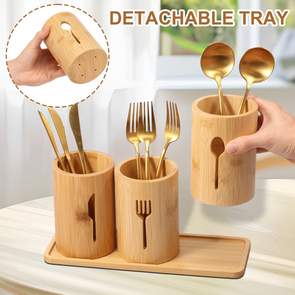 3-Piece Bamboo Utensil Holder Set with Tray – Cutlery & Kitchen Storage Organizer