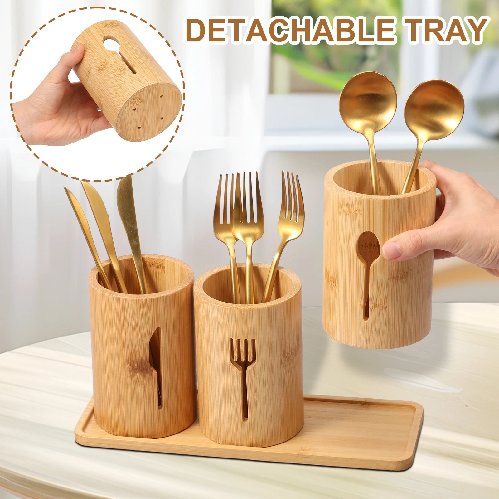 3-Piece Bamboo Utensil Holder Set with Tray – Cutlery & Kitchen Storage Organizer