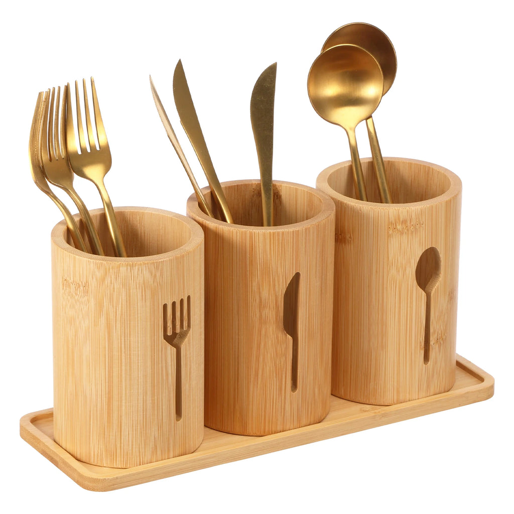 3-Piece Bamboo Utensil Holder Set with Tray – Cutlery & Kitchen Storage Organizer