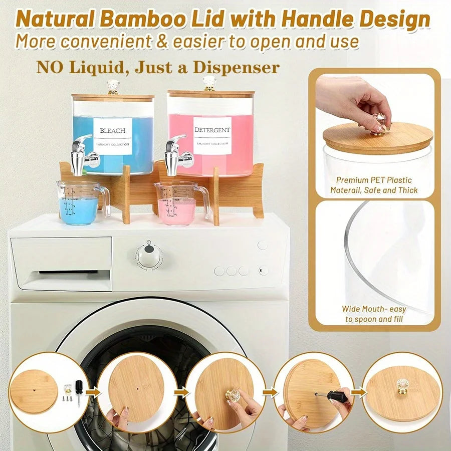 Laundry Detergent Dispenser with Stand – Bamboo Soap Container with Faucet for Laundry Room Organization