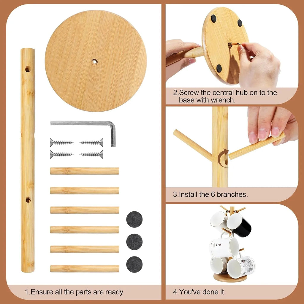 Bamboo Coffee Mug Holder – 6-Hook Countertop Cup Stand