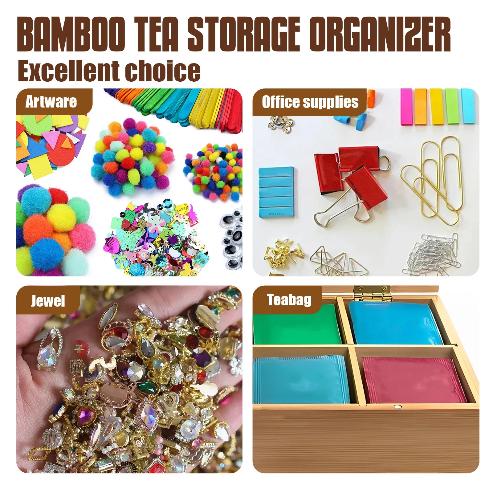 Bamboo Tea Bag Organizer with Acrylic Lid – Multi-Compartment Tea Storage Box