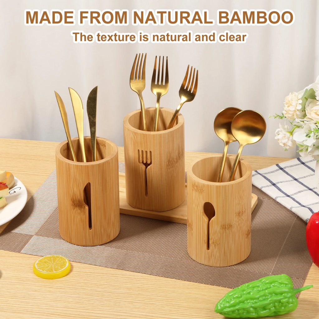 3-Piece Bamboo Utensil Holder Set with Tray – Cutlery & Kitchen Storage Organizer