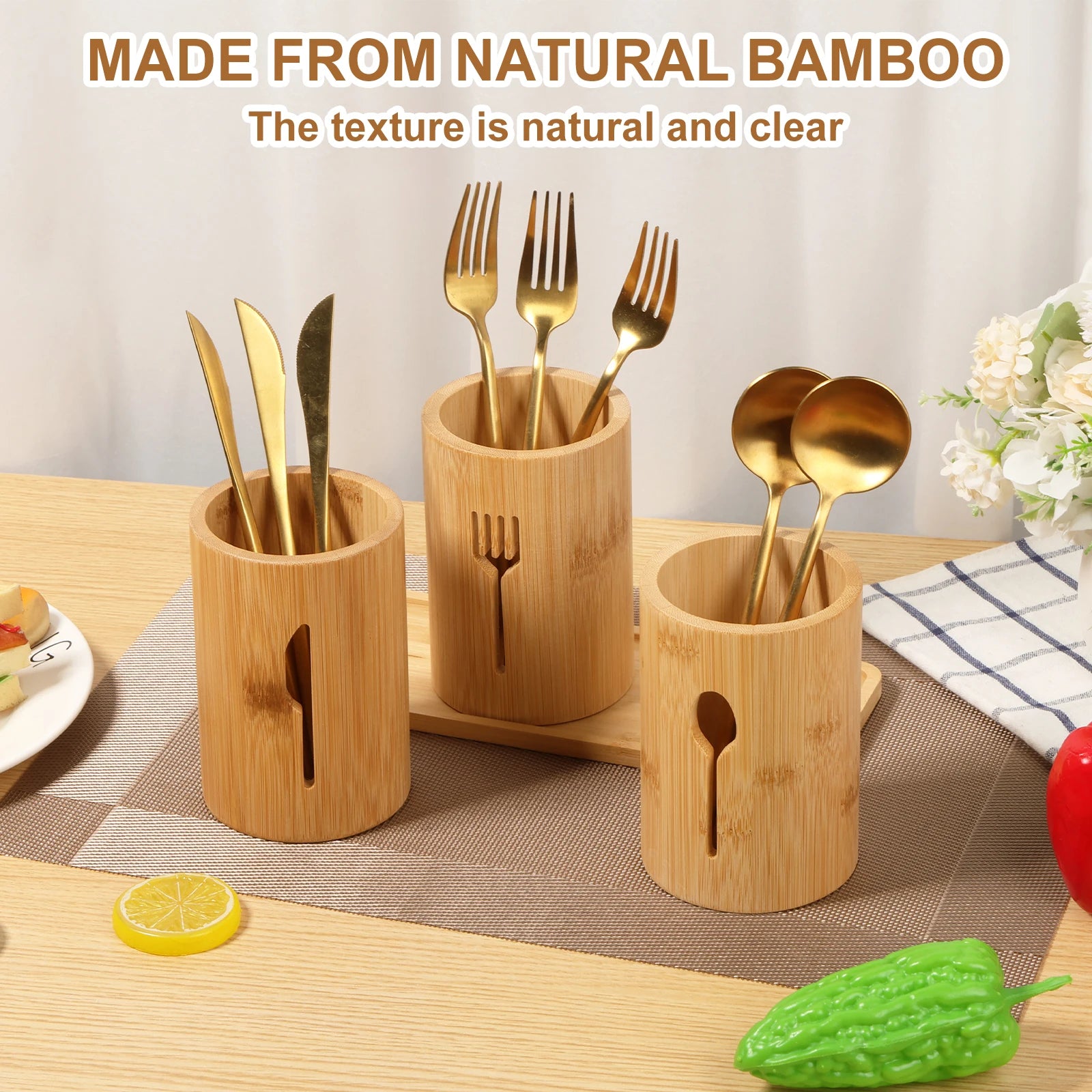 3-Piece Bamboo Utensil Holder Set with Tray – Cutlery & Kitchen Storage Organizer
