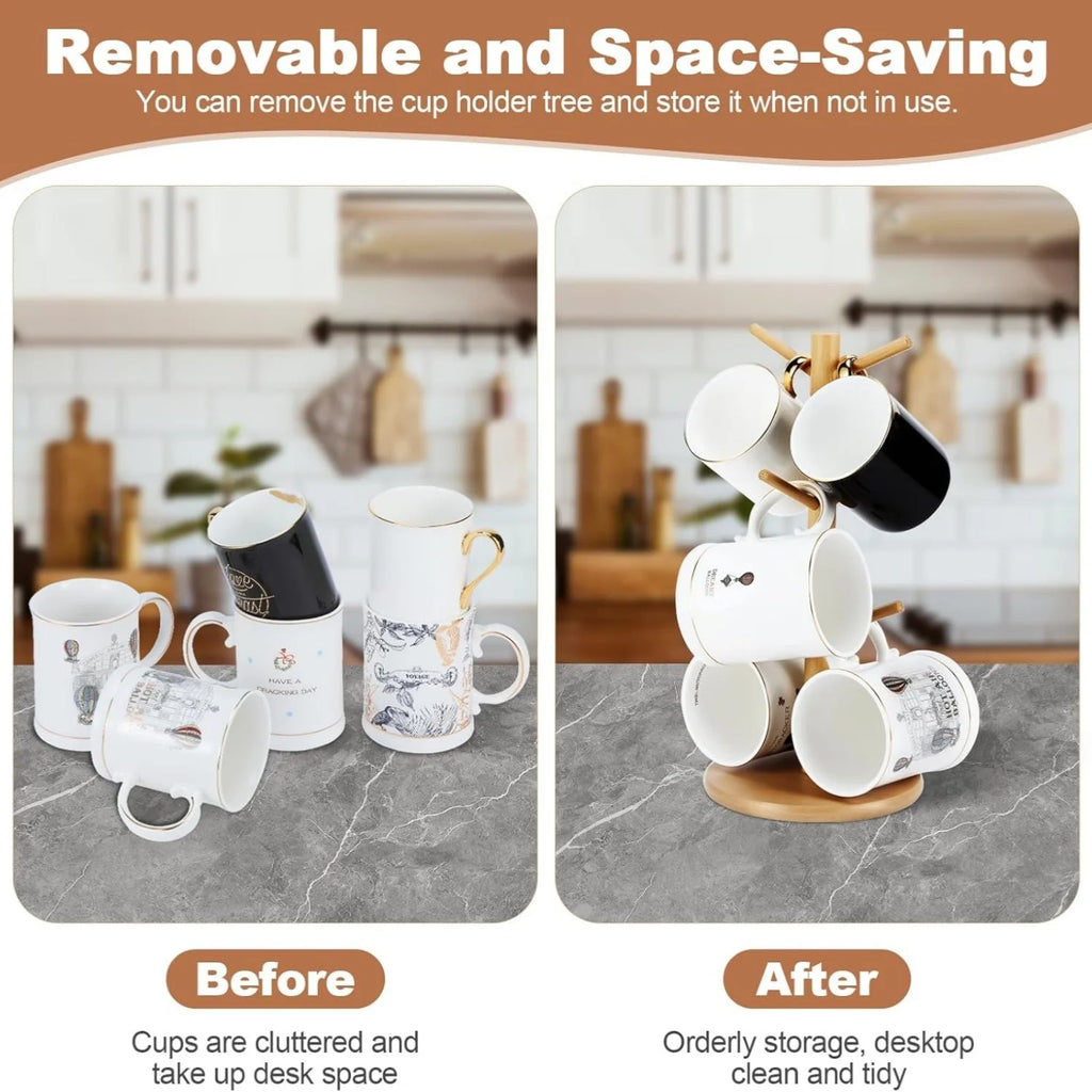 Bamboo Coffee Mug Holder – 6-Hook Countertop Cup Stand