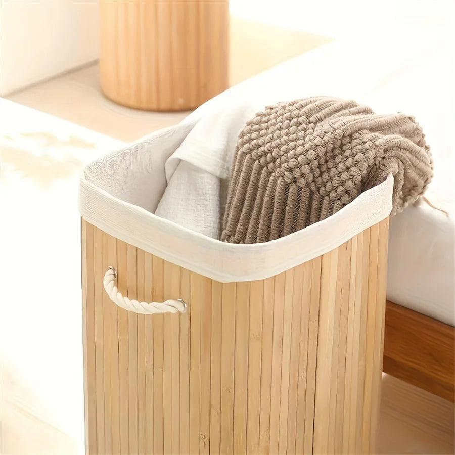 Foldable Bamboo Storage Basket – Collapsible Organizer for Laundry, Towels & Home Storage