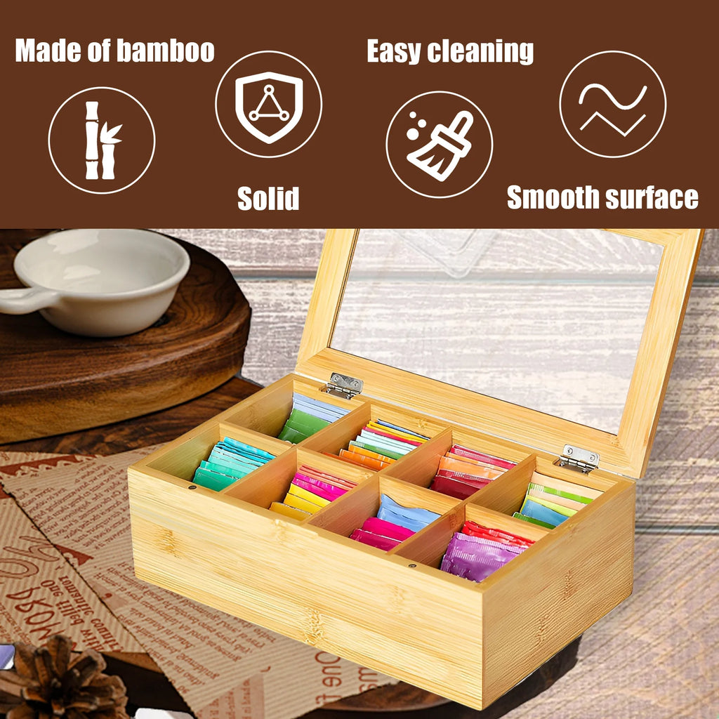 Bamboo Tea Bag Organizer with Acrylic Lid – Multi-Compartment Tea Storage Box