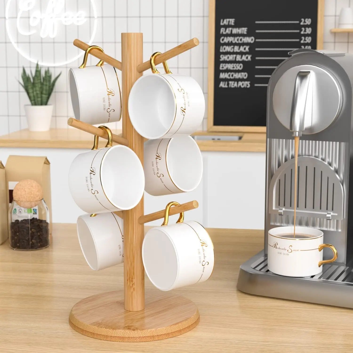 Bamboo Coffee Mug Holder – 6-Hook Countertop Cup Stand