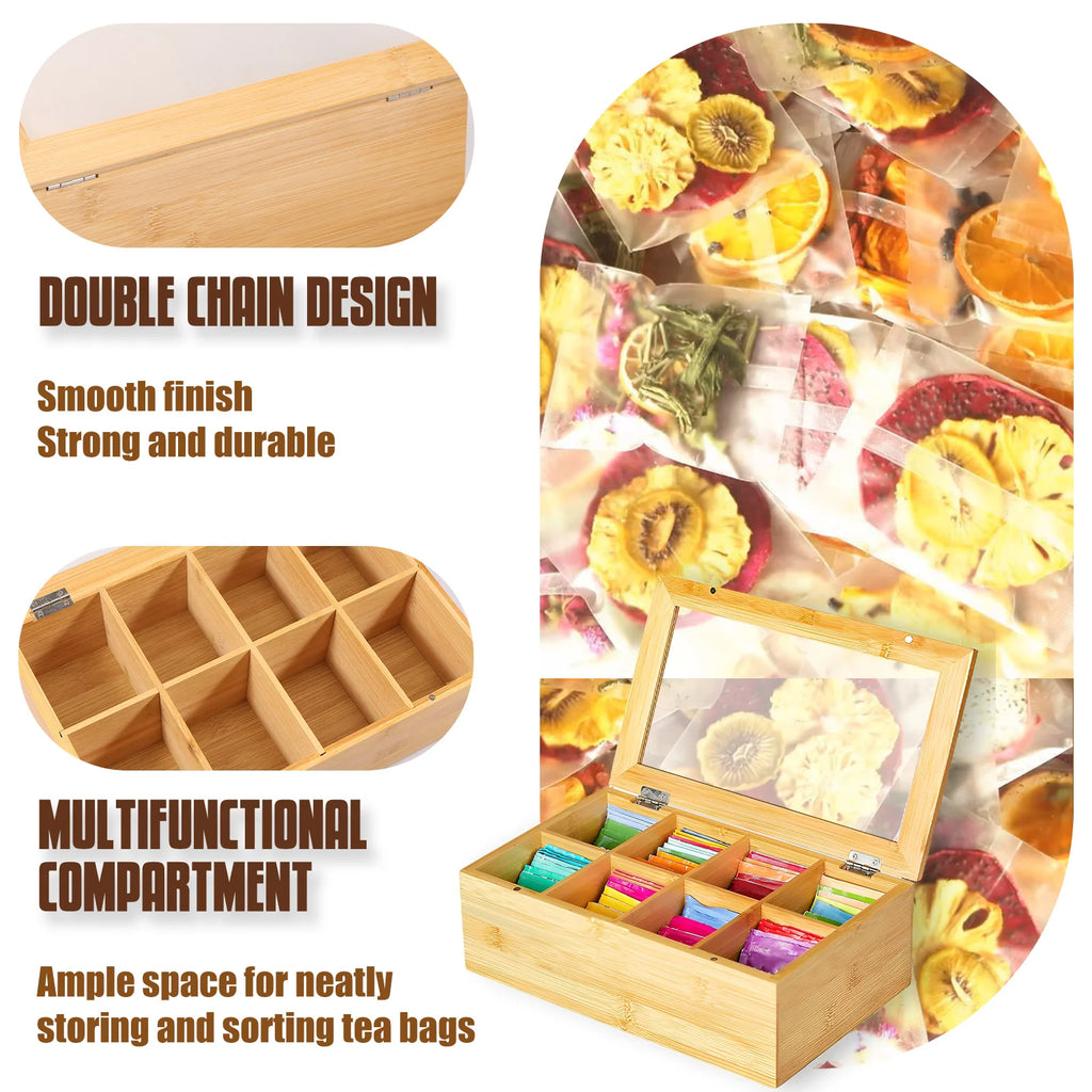 Bamboo Tea Bag Organizer with Acrylic Lid – Multi-Compartment Tea Storage Box