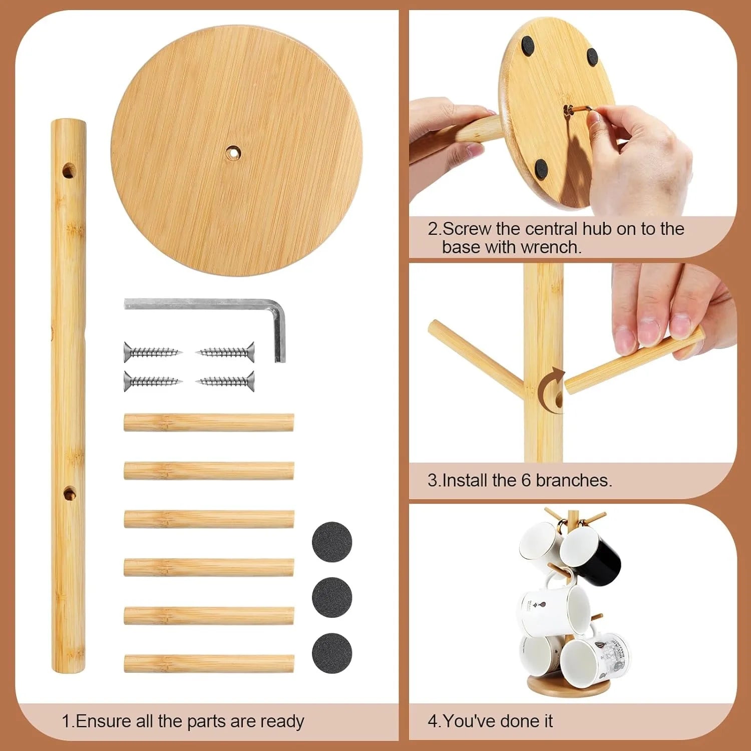 Bamboo Coffee Mug Holder – 6-Hook Countertop Cup Stand