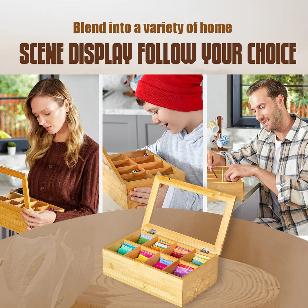 Bamboo Tea Bag Organizer with Acrylic Lid – Multi-Compartment Tea Storage Box