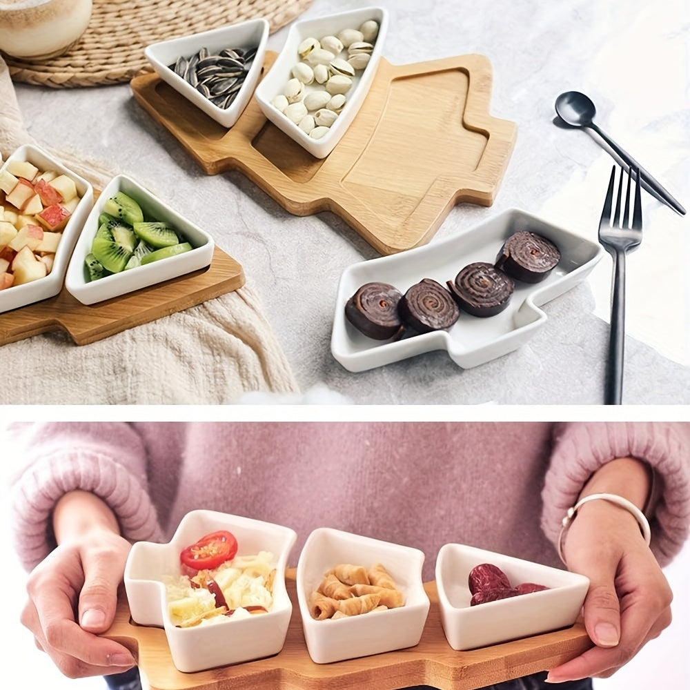 Bamboo Christmas board with ceramic plates for appetizers