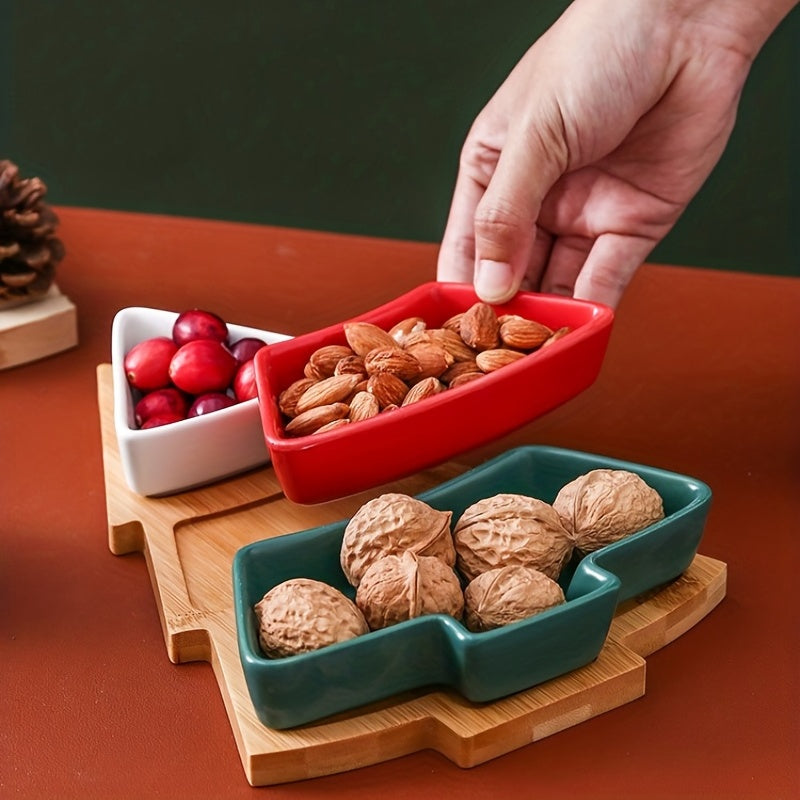 Bamboo Christmas board with ceramic plates for appetizers