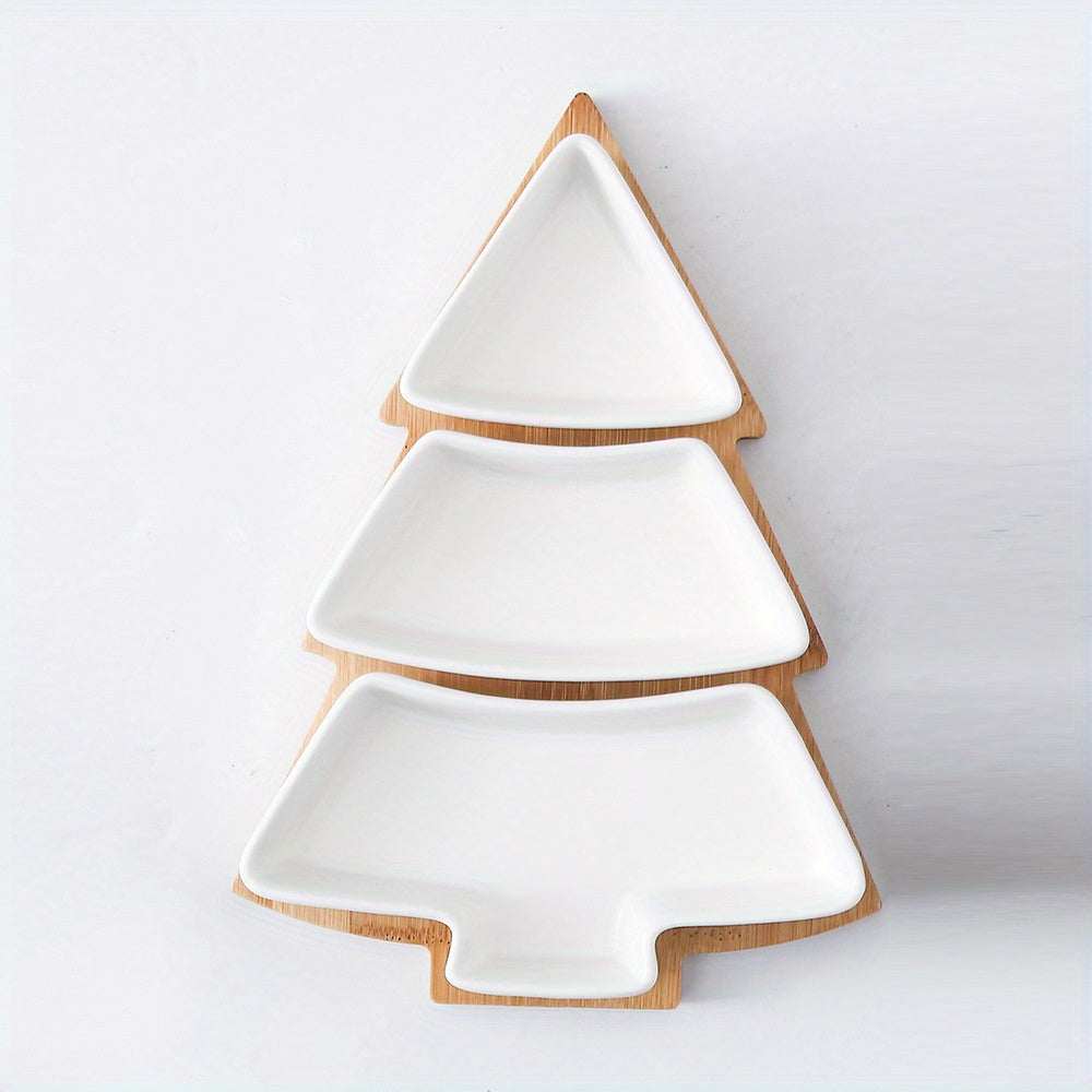Bamboo Christmas board with ceramic plates for appetizers